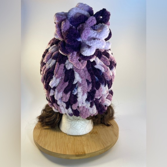 Handmade Kid’s Super Soft & Cozy Winter Hat With Loopy Pom-Pom-Variegated Purple - Picture 6 of 9